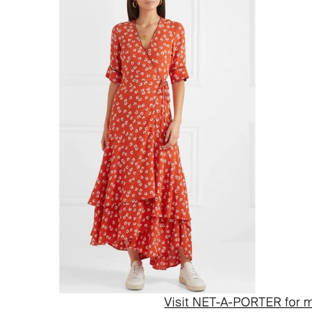 Ganni Printed Crepe Wrap Midi Dress (Size 36, US W 4-6)
